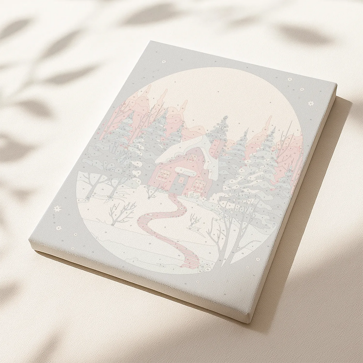 Cozy House paint by numbers canvas featuring a red cabin surrounded by snowy pine trees and mountains.