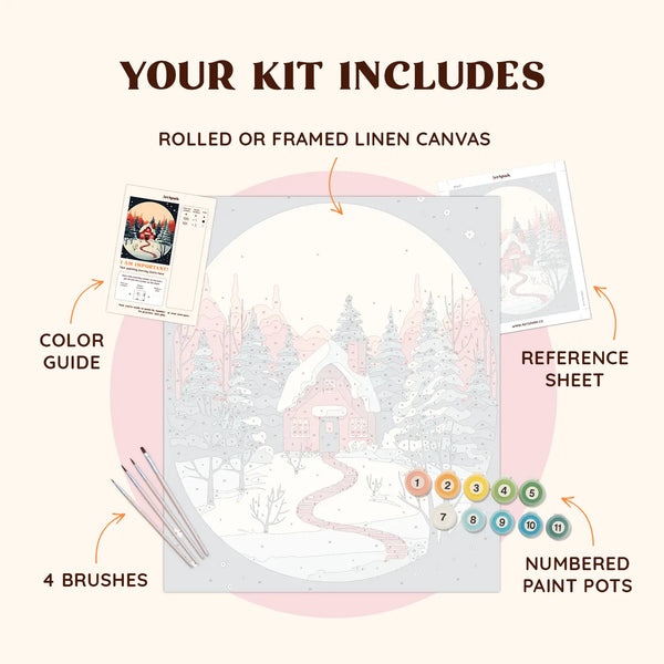 Cozy House paint by numbers kit including pre-numbered canvas, brushes, and paints for a winter cabin scene.
