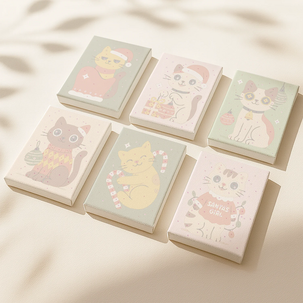 Cozy Meow paint by numbers set of 6 mini canvases by Artspark featuring adorable cats in Christmas sweaters, Santa hats, and candy canes ready to paint.
