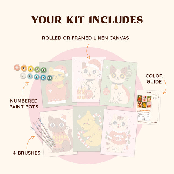 Artspark Cozy Meow paint by numbers kit with brushes, paints, and color guide — festive cat art project for Christmas lovers and cozy DIY decor fans.