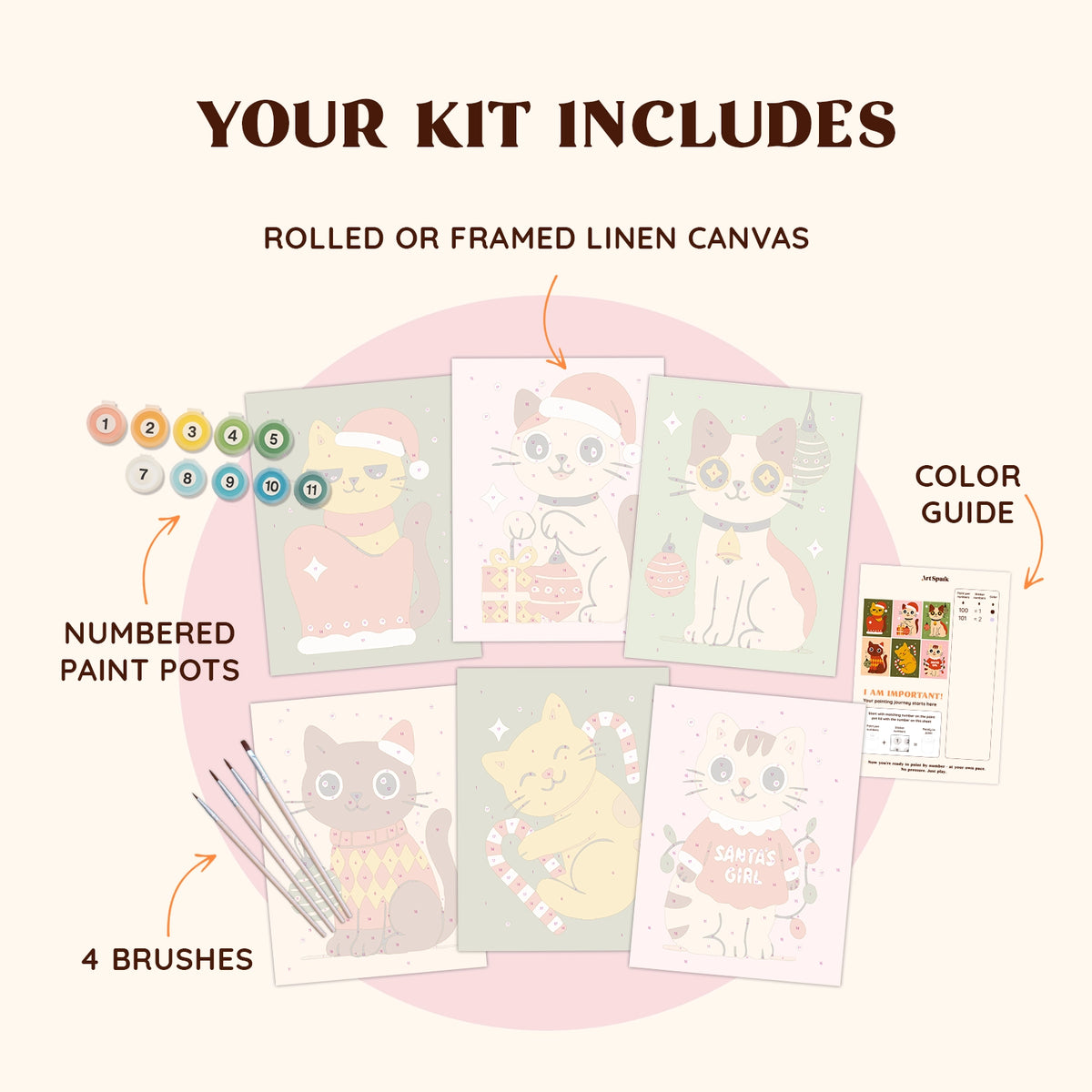 Artspark Cozy Meow paint by numbers kit with brushes, paints, and color guide — festive cat art project for Christmas lovers and cozy DIY decor fans.