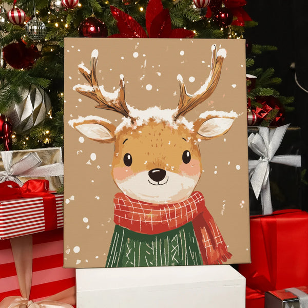 Completed Cozy Reindeer paint by numbers artwork showing a reindeer with scarf under the snow, perfect for Christmas décor.