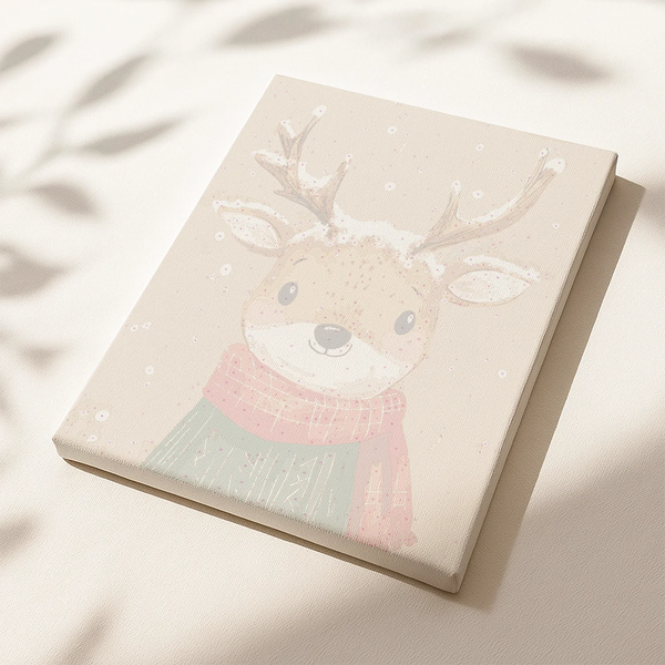Cozy Reindeer paint by numbers canvas featuring a cute reindeer in a scarf surrounded by falling snow.