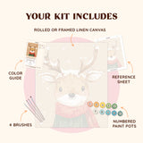 Cozy Reindeer paint by numbers kit including pre-numbered canvas, brushes, and acrylic paints for a festive art project.