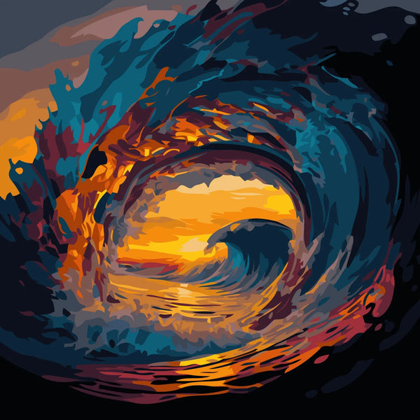 Dramatic ocean wave curling at sunset with vibrant colors