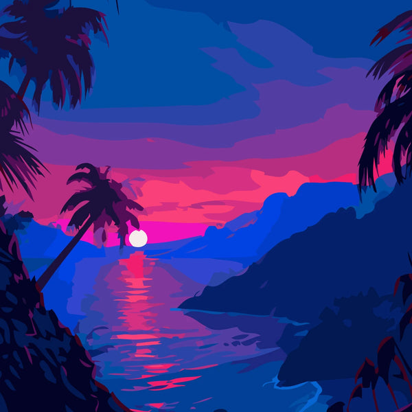 Tropical sunset over ocean with silhouetted palm trees and mountains