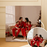 Custom paint by numbers example featuring a family in red pajamas turned into a painting from their photo.