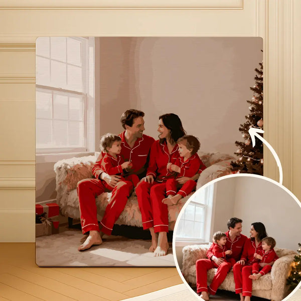 Custom paint by numbers example featuring a family in red pajamas turned into a painting from their photo.