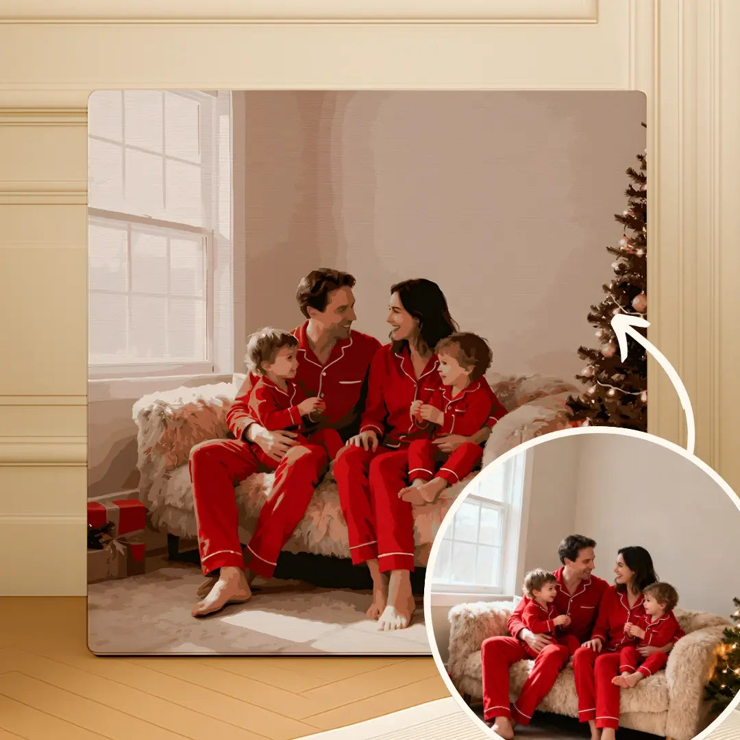 Custom paint by numbers example featuring a family in red pajamas turned into a painting from their photo.