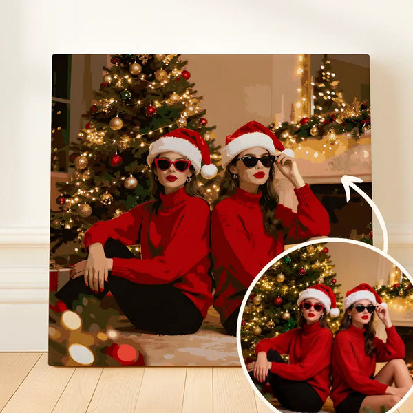 Custom paint by numbers example showing two women in Santa hats recreated from their holiday photo.