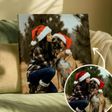 Custom paint by numbers example showing a woman kissing her dog, both wearing Santa hats, transformed from a photo.