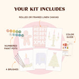 Artspark Cute Xmas paint by numbers kit including brushes, numbered paints, and color guide — adorable Christmas DIY set with gingerbread, Xmas mail, candles, and pastel holiday icons.