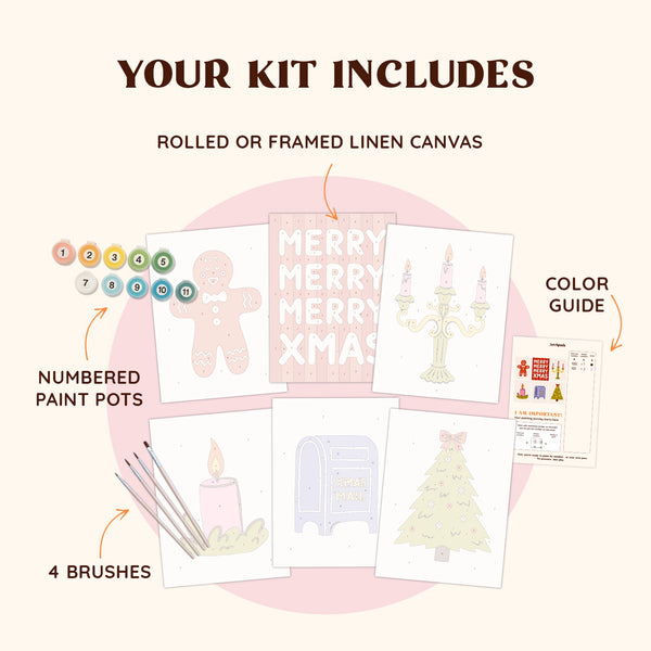 Artspark Cute Xmas paint by numbers kit including brushes, numbered paints, and color guide — adorable Christmas DIY set with gingerbread, Xmas mail, candles, and pastel holiday icons.