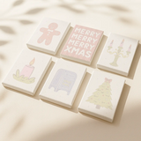 Cute Xmas paint by numbers set of 6 pastel mini canvases by Artspark featuring gingerbread man, Christmas tree, candle, and holiday lettering ready to paint — cozy DIY festive decor.