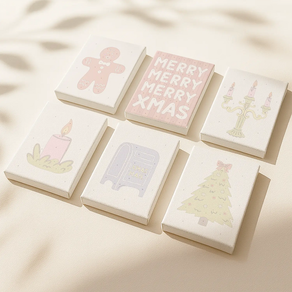 Cute Xmas paint by numbers set of 6 pastel mini canvases by Artspark featuring gingerbread man, Christmas tree, candle, and holiday lettering ready to paint — cozy DIY festive decor.