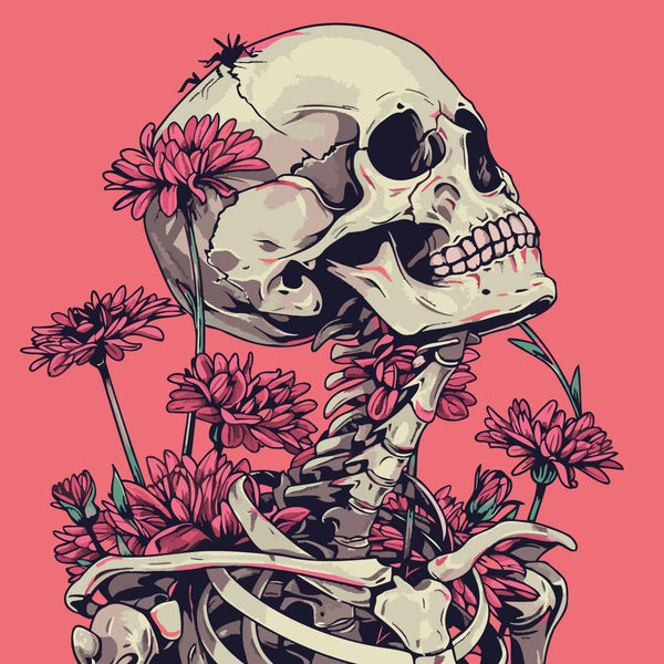 Skeleton with pink flowers growing through bones on pink background