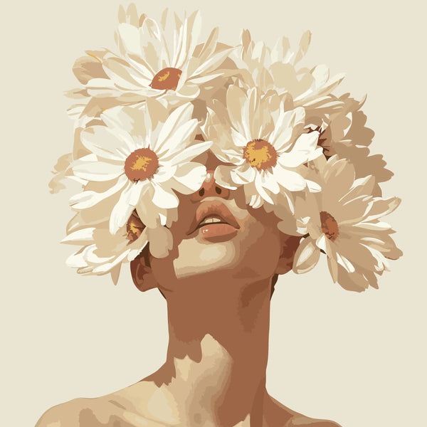 Woman with daisies covering eyes in soft neutral tones painting