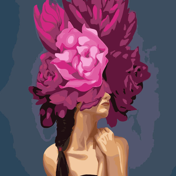 Woman with large pink flowers covering eyes in expressive painting