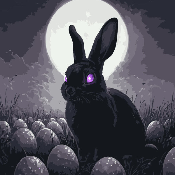 Dark Hare Paint by Numbers Kit featuring a black rabbit with glowing violet eyes under a full moon, surrounded by mysterious Easter eggs.