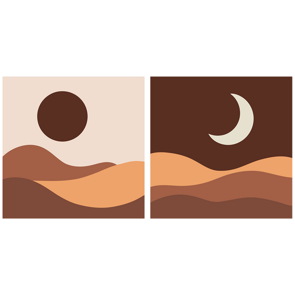 Minimalist landscape painting of desert hills with sun and moon