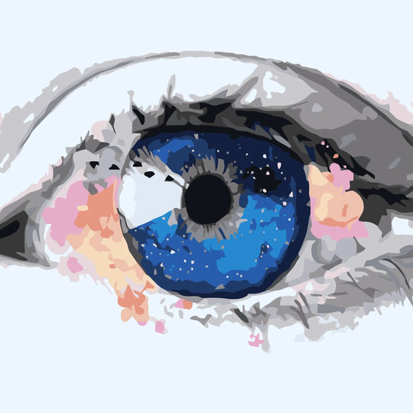 Surreal painting of a blue eye with galaxy-like details
