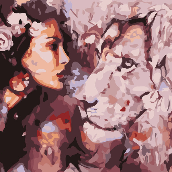 Abstract painting of a woman and a lion facing each other