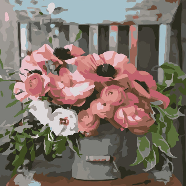 Painting of a rustic floral arrangement in a metal vase on chair