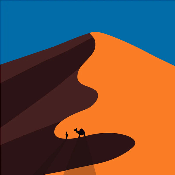 Minimalist painting of a desert dune with camel and traveler