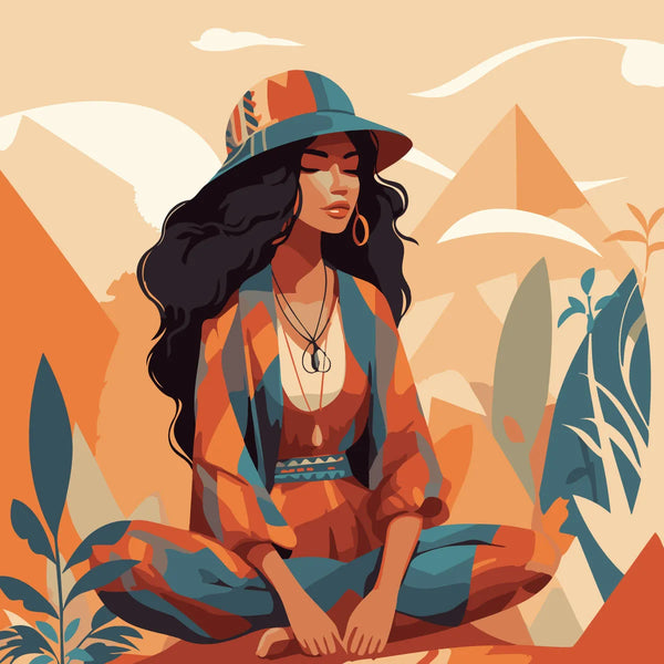 Bohemian woman meditating in desert with pyramids in background