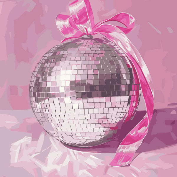 Shiny disco ball with pink ribbon on a pastel background