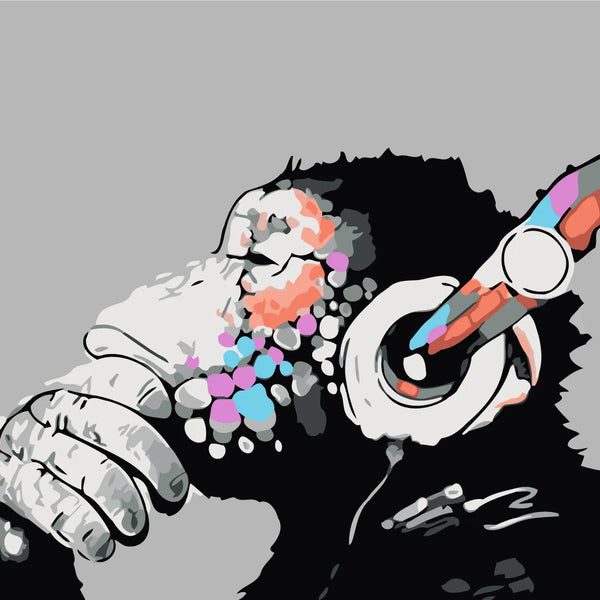 Colorful abstract chimpanzee wearing headphones in a contemplative pose