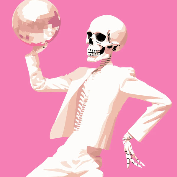 Skeleton in a white suit holding a disco ball on pink