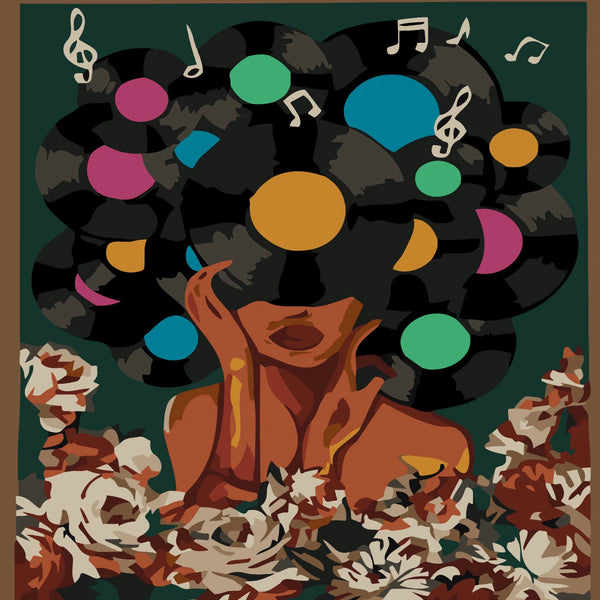 Afro woman with vinyl records hair and musical notes artwork