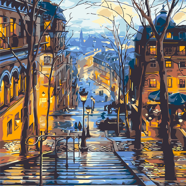 Romantic European cityscape with stairs lights and winter glow