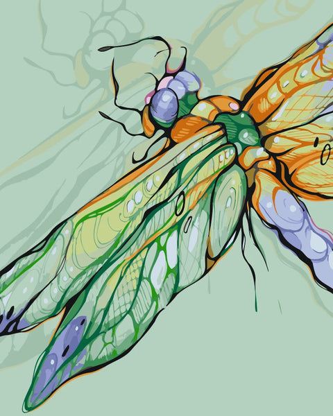 Stylized dragonfly with vivid wings in shades of green, orange, and purple, designed by Kalinina for the Dragonfly paint by numbers kit.