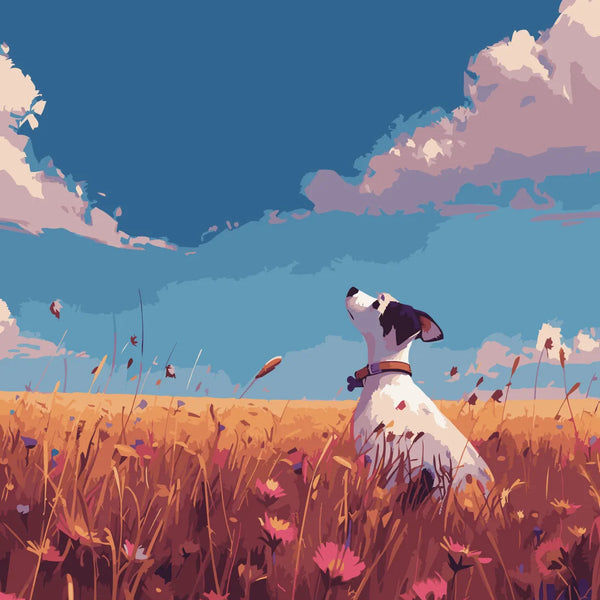 Dog in a wildflower field under a bright blue sky