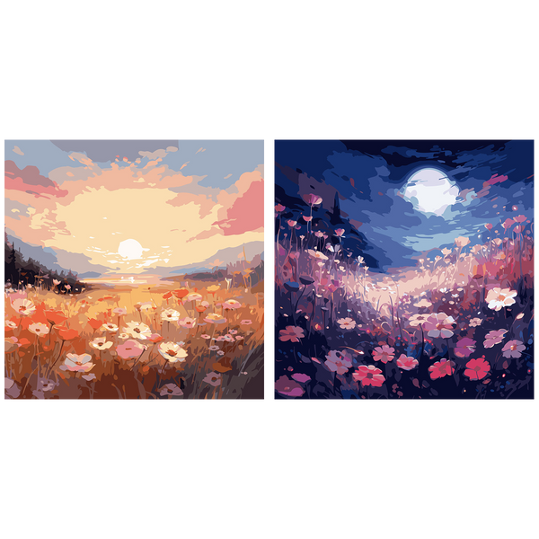 Day and night wildflower landscapes with sun and moon contrast