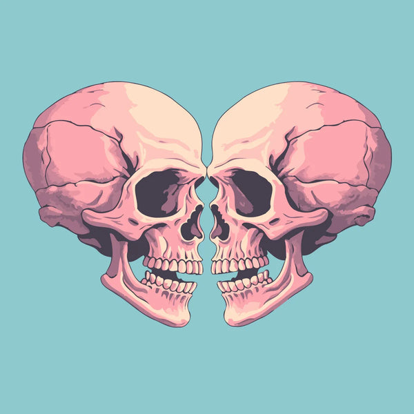 Two pink skulls forming a heart shape on blue background