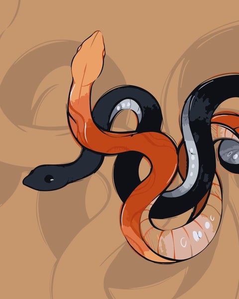 Two intertwined snakes—one black, one orange-peach—coiled on a warm tan background. A symbolic and surreal snake artwork by Kalinina.
