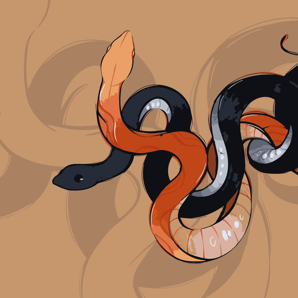 Two intertwined snakes—one black, one orange-peach—coiled on a warm tan background. A symbolic and surreal snake artwork by Kalinina.