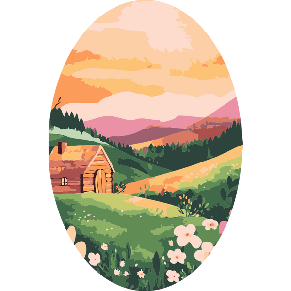 Easter Cabin Paint by Numbers Kit featuring a log cabin nestled in spring hills, framed by wildflowers and a pastel sunset within an egg shape.