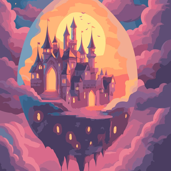 Egg Castle Paint by Numbers Kit featuring a floating fantasy castle inside a glowing egg-shaped sky, surrounded by soft clouds.