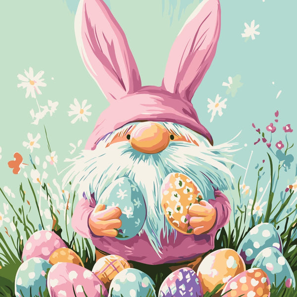 Egg Collector Paint by Numbers Kit featuring a festive gnome with bunny ears, holding Easter eggs in a colorful meadow.