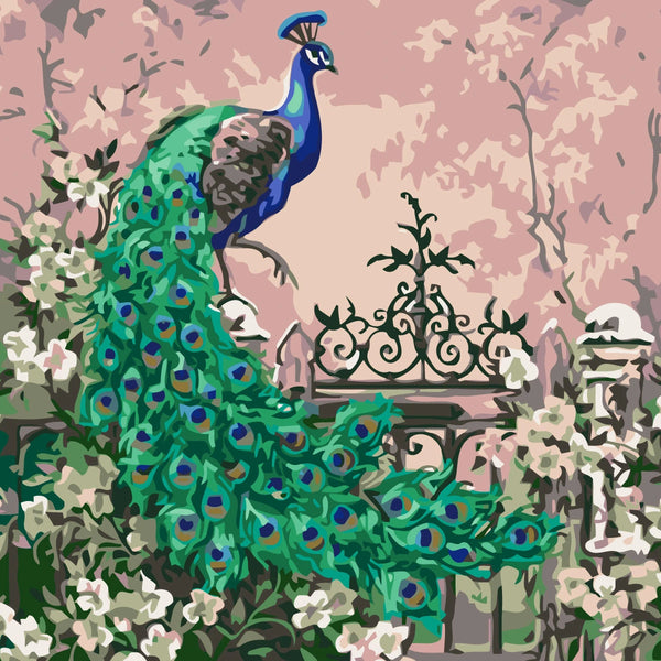 Majestic peacock perched on a garden fence with flowers