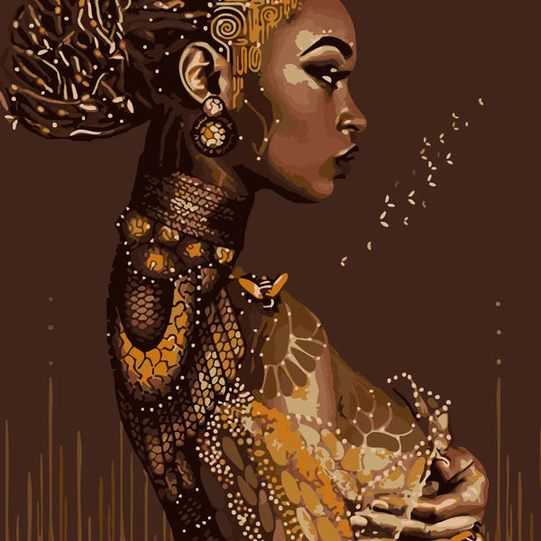 Elegant woman with intricate golden patterns and beehive elements