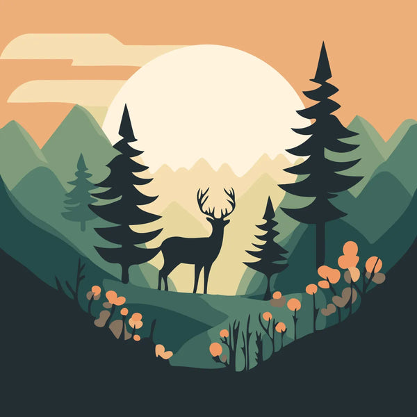 Silhouette of a deer in a forest with sunset backdrop