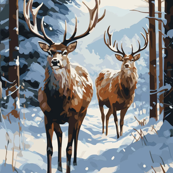Two majestic deer standing in a snowy winter forest scene