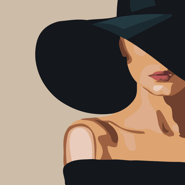 Mysterious woman in black hat and dress with hidden eyes