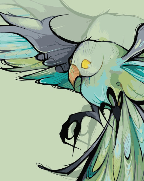 Stylized bird in flight with emerald, teal, and slate-colored feathers on a soft green background. Fantasy-inspired artwork by Kalinina.