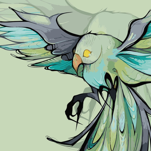 Stylized bird in flight with emerald, teal, and slate-colored feathers on a soft green background. Fantasy-inspired artwork by Kalinina.